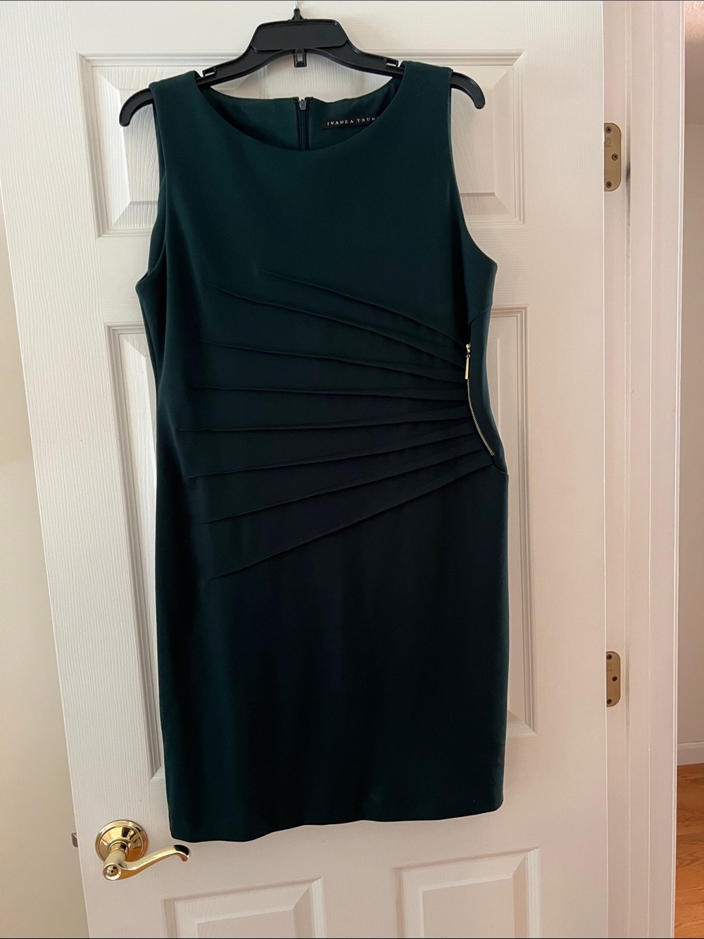 Ivanka Trump Dark Green Sleeveless Pleated Sheath Dress with Gold Zipper